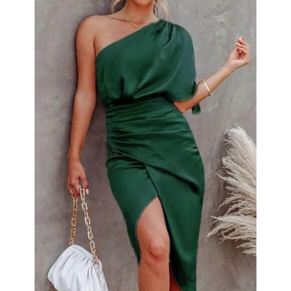 NWOT Emerald Green Satin Dress Backless One Shoulder Sz L Cocktail Party Sexy - Picture 1 of 12